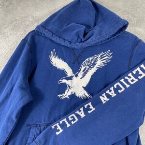 American Eagle Hoodie Mens Medium Blue Sweatshirt Y2K Skater Vintage Style